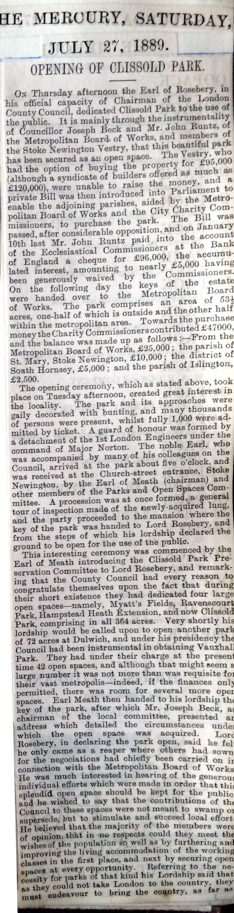 27_07_1889 NEWS CLIPPING Opening of Clissold Park The Mercury
